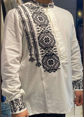 Белая мужская вышитая рубашка с геометрическим орнаментом. ESQ хлопок (325244608)