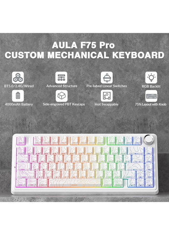 Бездротова ігрова механічна клавітура F75 Contour lines White 2.4G/Bluetooth/Кабель Aula (372706850)