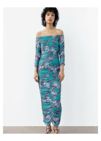 Бірюзова сукня жіноча off shoulder draped ruched tulle bodycon maxi dress Zara