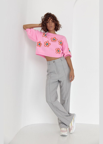 Рожевий демісезонний жіночий укорочений джемпер соковитою аплікацією - рожевий Lurex