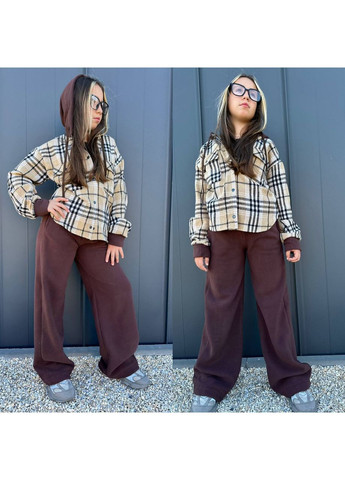 Коричневый костюм детский для девочки теплый брюки карго /палаццо и рубашка в клетку с капюшоном No Brand