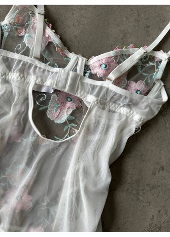 Білий балконет комплект жіночої білизни | з корсетом і підв’язками, білий Vital-Textile з кісточками поліестер, еластан