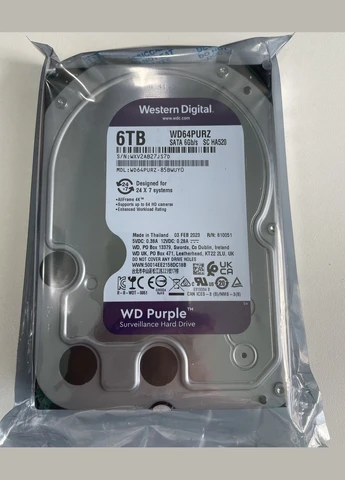Накопичувач HDD SATA 6.0TB Purple 5400rpm 256MB (WD64PURZ) для відеоспостереження, 3.5" форм-фактор WD (354734979)