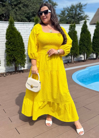 Желтое повседневный изысканное легкое летнее макси платье прошва с подкладкой и длинными рукавами фонарик Tik-Tak однотонное