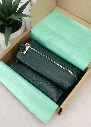 Подарунковий жіночий набір №89: гаманець Sabrina + обкладинка на паспорт + ключниця (зелений пітон) HandyCover (282744624)