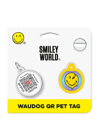 Адресник для собак і котів металевий Smart ID c QR паспортом, малюнок «Смайли на блакитному», коло, Д 25 мм WAUDOG (330245283)