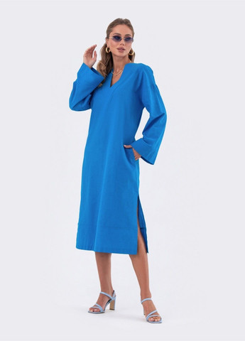 Голубое льняное платье голубого цвета с разрезами по бокам Dressa