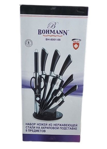 Набір ножів для кухні BH-8001-08 з нержавіючої сталі з підставкою 8 предметів Чорний Bohmann комбінований,