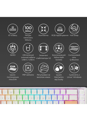 Клавіатура One 3 SF Cherry MX Red RGB UA USB White (DKON2167ST-RUAPXPWWWSC1) Ducky (363834157)