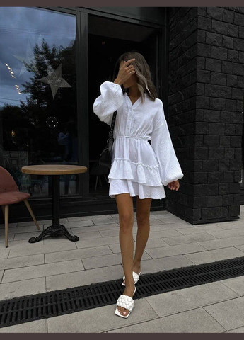 Білий повсякденний жіноче муслінове плаття з рюшами кльош Україна однотонна