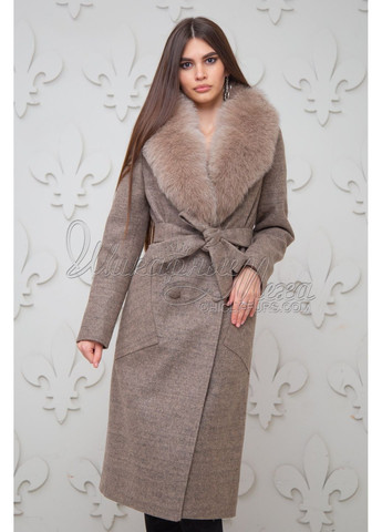 Бежеве зимнє Довге зимове пальто з хутряним коміром під пояс Chicly Furs