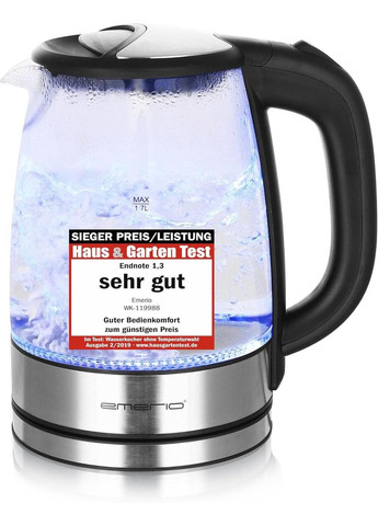 Електрочайник скляний 1,7 л, 2200 Вт, з синім LED-підсвічуванням, автоматичним вимкненням, боросилікатне скло Emerio (359380426)