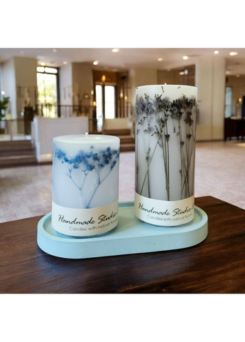 Набір свічок ручної роботи декоративні свічки в наборі з 2 шт на овальній підставці з гілочками лаванди та блакитної гіпсофіли Handmade Studio - AV (370604251)