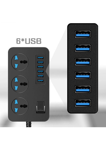 Подовжувач-фільтр мережевий багатофункціональний із 6 USB-портами та 3 розетками універсальними 220 В ABS (361161930)