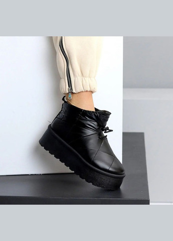 Черные чёрные зимние дутики на меху короткие с кулиской, толстая подошва ZDW на завязках