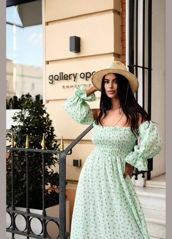 Мятное шикарное муслиновое (100% хлопок) платье в цветочном принте и с открытым декольте, мятное платье-миди с длинным рукавом No Brand