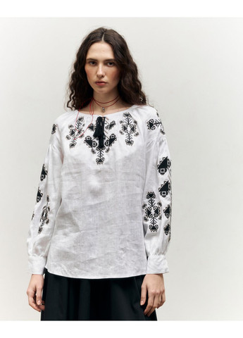 Белая аутентичная вышиванка-блуза xs, 100% лен, стиль буковина, вышивка гладью, черно-белая MOTYV узор цветочный лен (370372713)