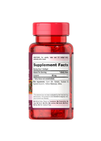 Натуральная добавка Lycopene 40 mg, 60 капсул Puritans Pride (293483474)