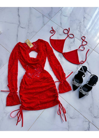 Красное элегантное кружевное платье на завязках No Brand