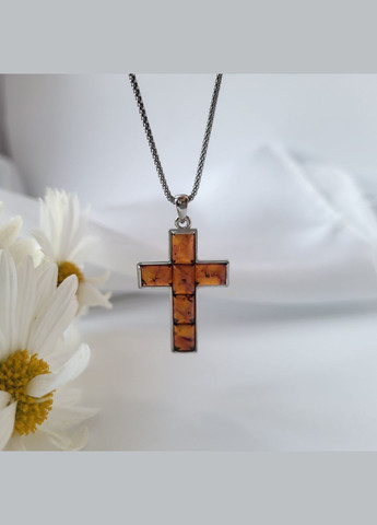 Срібний хрестик з Бурштином срібло 925 проби Родоване 856п 2.20г No Brand (311301162)