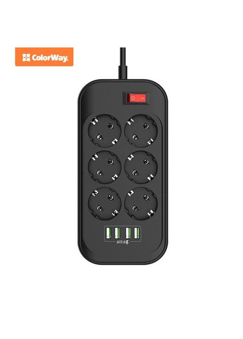 Фільтр живлення СolorWay (CW-CHE64B) 6 розеток, 4xUSB, 2м, Black Colorway (336960081)