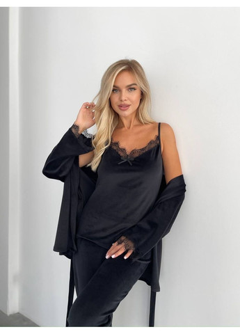 Черная всесезон пижама 1677 комплект тройка трикотаж велюр брюки,майка,халат Україна