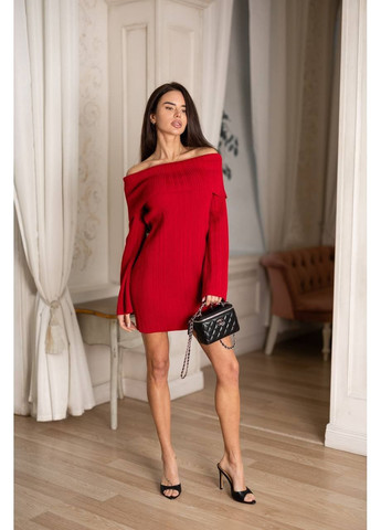 Червона повсякденний жіноча в'язана сукня з відкритими плечима з відкритими плечима KaraMix однотонна