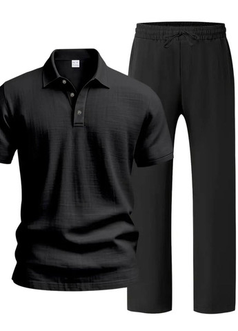 Чорний літній чоловічий костюм з льону сорочка-поло та штани вільного фасону брючний MonCher