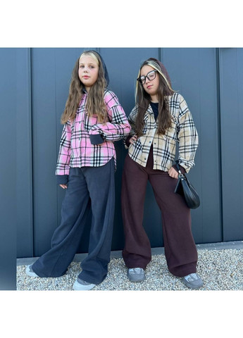 Коричневый костюм детский для девочки теплый брюки карго /палаццо и рубашка в клетку с капюшоном No Brand