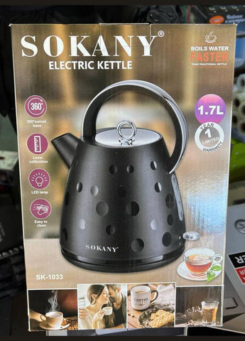 Електрочайник Sokany SK-1033 чайник безшумний 1850 Вт 1.7л Чорний A-Plus (296925779)