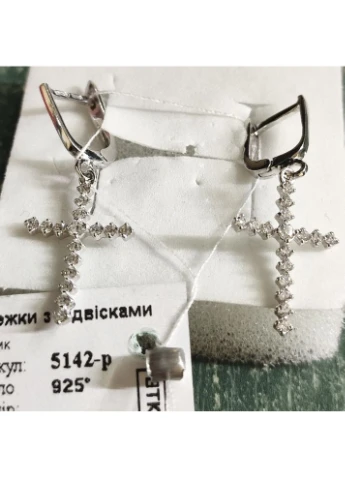 Серебряные серьги-подвески крестики с фианитами, родированное серебро 925 Харків Ланцюг (393796556)