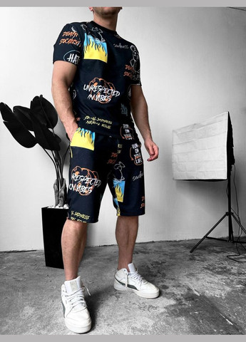 Чорний комфортний чоловічий літній спортивний костюм-двійка з яскравим дизайном No Brand (370963303)