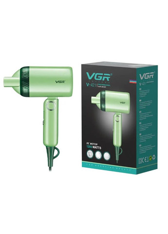 Складаний портативний фен 1200 Вт зелений з насадкою-концентратором (2390000048) VGR V-421 (345562823)