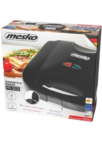 Сендвічниця MS 3032 850Вт/ незмінні пластини/ вертикальне зберігання/ чорна Mesko (360400281)