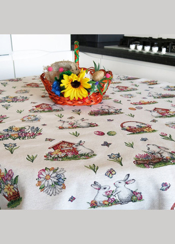 Скатертина з кроликами пасхальна на овальний стіл, Скатертина гобеленова Великодня святкова для овального столу 140, 180 Maystat (305390701)