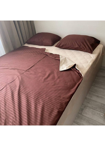 Постільна білизна з резинкою Шоколад + беж страйп сатин PREMIUM Полуторний розмір, наволочки 50/70 No Brand (364213522)