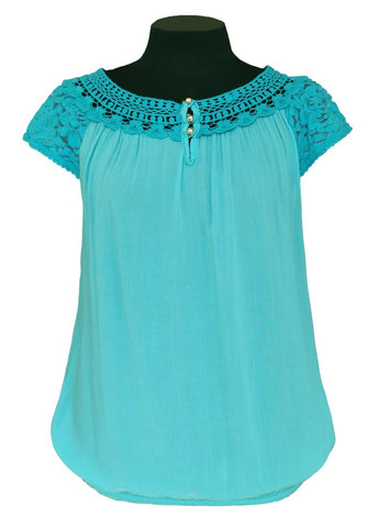 Бирюзовая летняя блузка женская летняя вискозная с коротким рукавом и кружевом бирюза free size No Brand