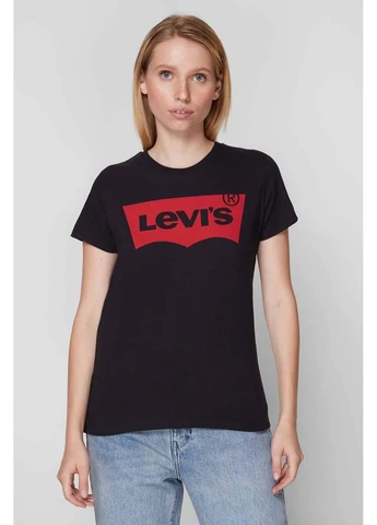 Женская хлопковая футболка с принтом Levis черная Levi's - (400875584)