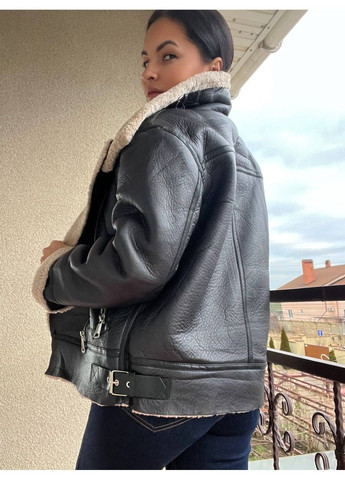 Дубленка женская 243 средней длины из экокожи на молнии с мехом черная AFTF BASIC (316035525)