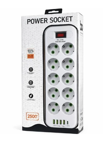 Сетевой фильтр-удлинитель RIAS D10L 10 розеток 4 USB 1 Type-C 2500W 5 метров White (3_08243) No Brand (395881782)