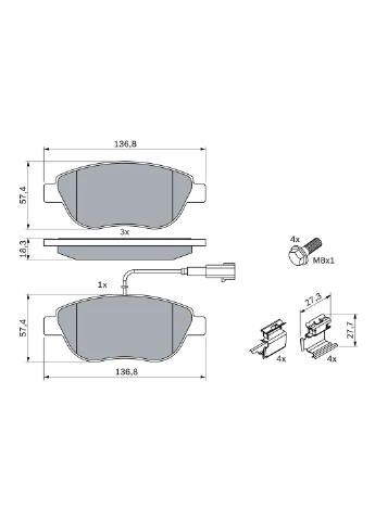 Колодки гальмівні дискові ПЕРЕДН FIAT LINEA (323_, 110_) 1.4 2006.10- BO 0986424596 Bosch (354334684)