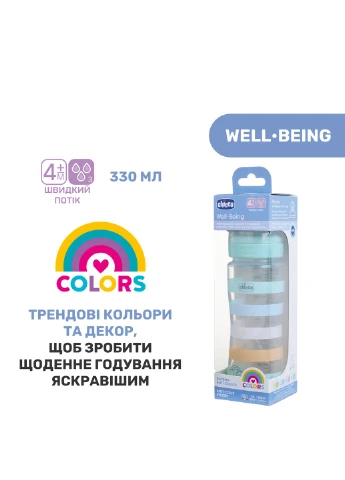 Пляшечка пластик Well-Being Colors, 330мл, соска силікон, 4м+, колір м'ятний (28637.21) Chicco (381922508)