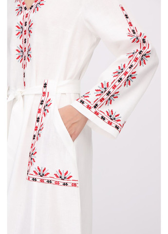 Білий довга жіноча сукня з льону під пояс з квітковою вишивкою та довгим рукавом людмила., р., код 0480/42/331 ГАЛЕРЕЯ ЛЬОНУ