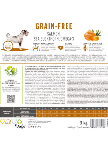 Сухой корм Dog Grain-free Senior & Light для стареющих собак, беззерновой с лососем, 1 кг Brit Care (362702762)