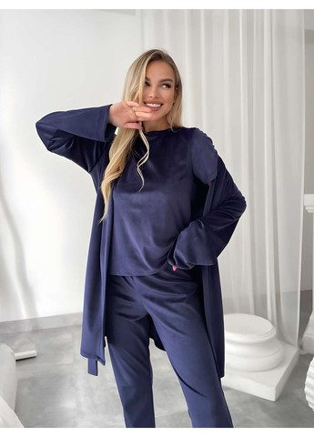 Синяя зимняя женская велюровая пижама пижамный комплект тройка со штанами лавандовый сиреневый Україна