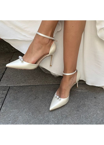 No Brand Жіночі туфлі весільні атласні та ремінцем перли та брошкою 5,5 см білий з текстиль, — (351394408)