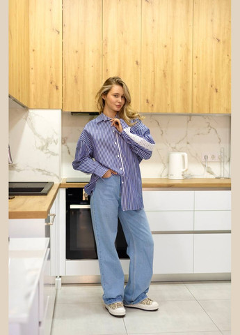 Синяя коктейльный, классическая, повседневный, кэжуал, вечерний рубашка в полоску No Brand с длинным рукавом