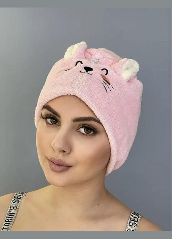 Тюрбан чалма для сушки волос из микрофибры Полотенце на голову с пуговицей и ушками Тюрбан для ванной (ВК0903В-2) No Brand розовый