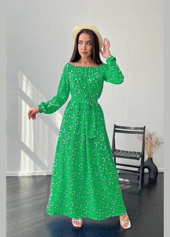 Зеленое повседневный, кэжуал стильное длинное платье в нежный цветочный принт а-силуэт INNOE с цветочным принтом