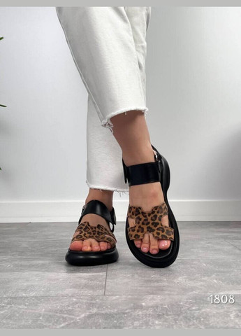 Чорні шкіряні жіночі босоніжки з леопардовим принтом Mermaid (297214162)